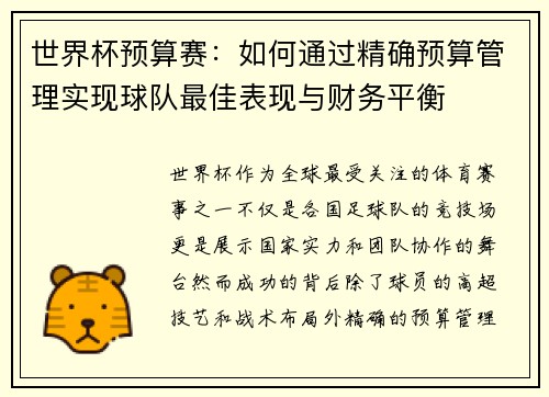 世界杯预算赛：如何通过精确预算管理实现球队最佳表现与财务平衡